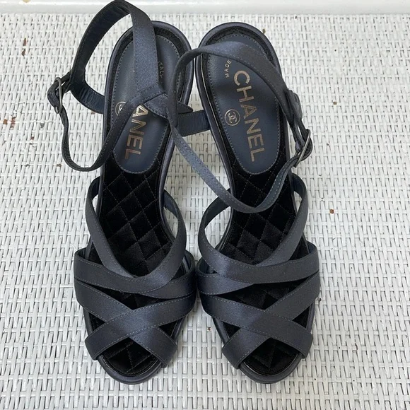 CHANEL embellished blue-grey satin heals sandals size 37 NEW - Picture 6 of 10